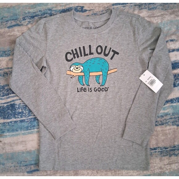 Life is Good Youth Boys Size Medium Long Sleeve T Shirt Gray Chill Out Sloth - Picture 1 of 5